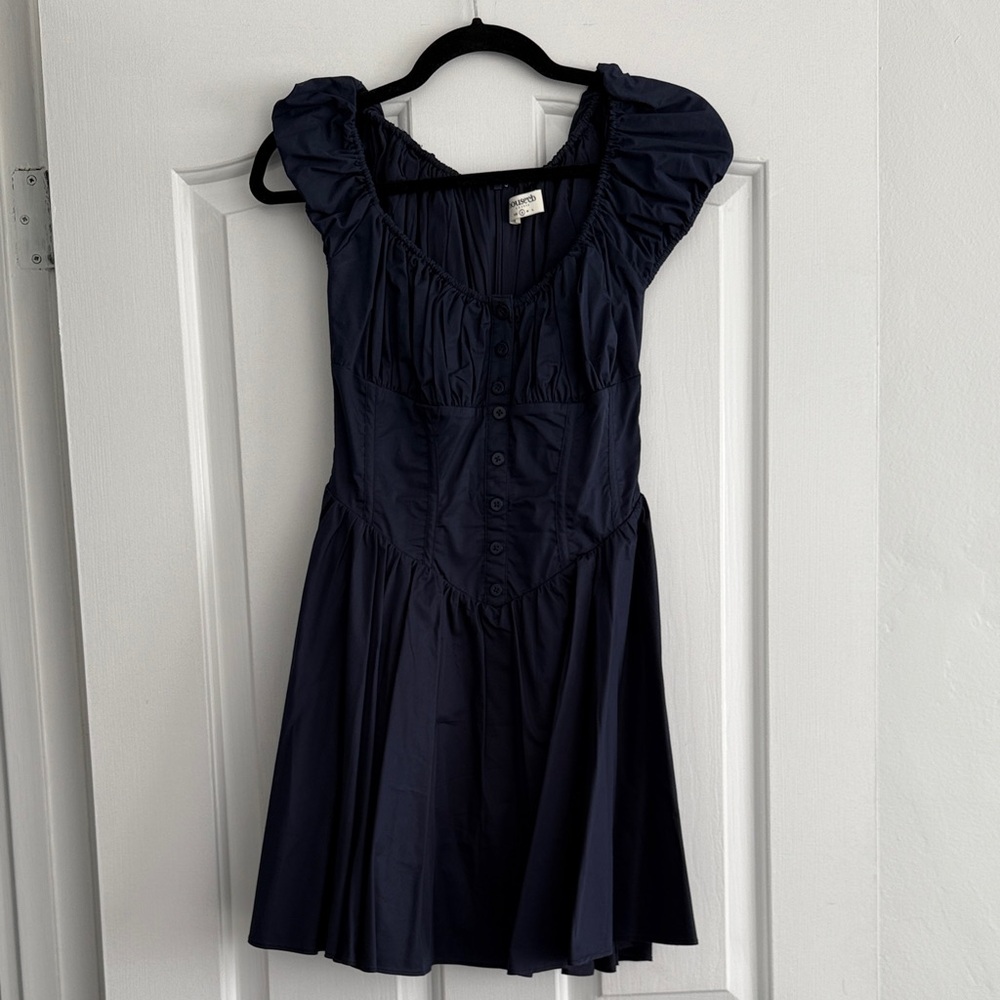 House of CB Navy Puff-Sleeve Mini Dress
